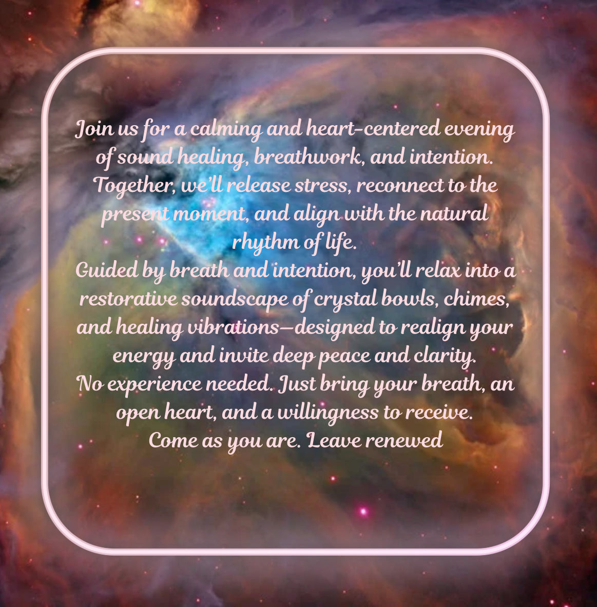 ✨ Sacred Healing Circle ✨
Sound • Breath • Alignment • Abundance
Join us for a transformative evening of deep healing and energetic alignment as we come together in a sacred circle guided by the power of sound bowls and conscious breathwork