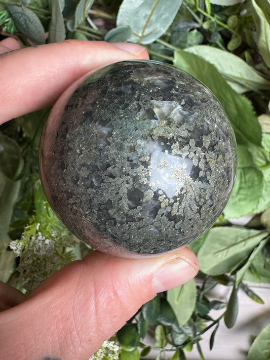 Marcsacite in Chalcedony Orb