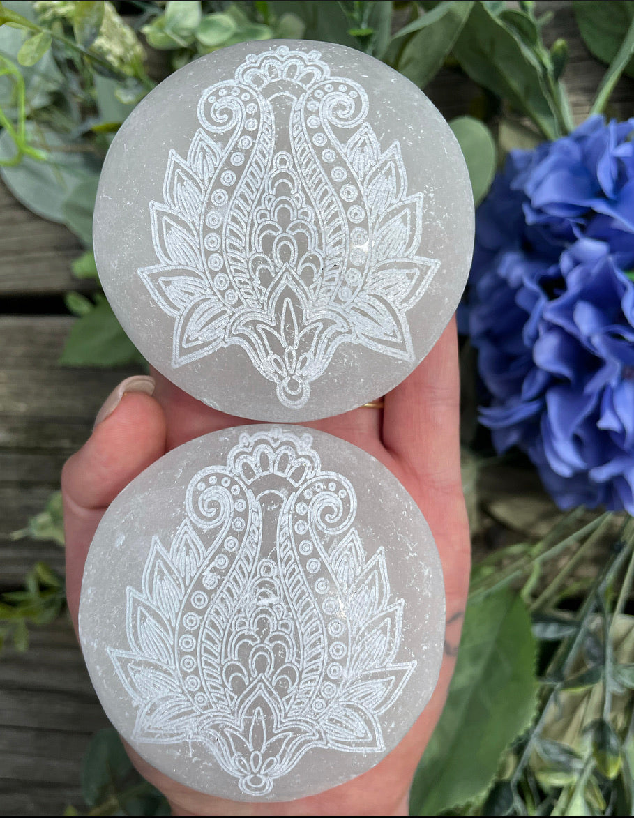 Selenite Etched Lotus Flower